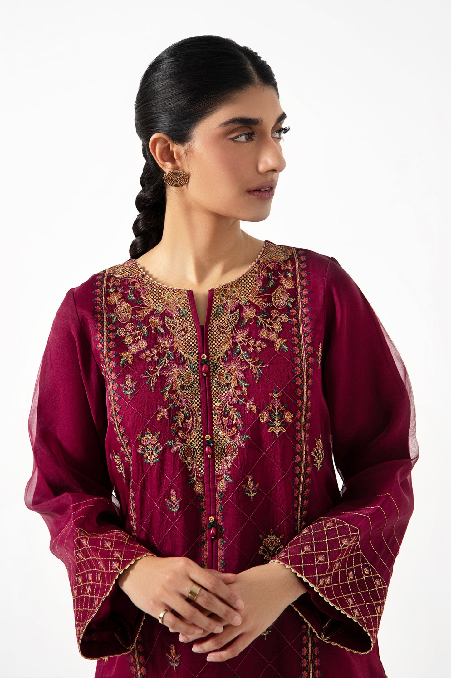 Stitched 3 Pieces Organza Embroidered Suit.